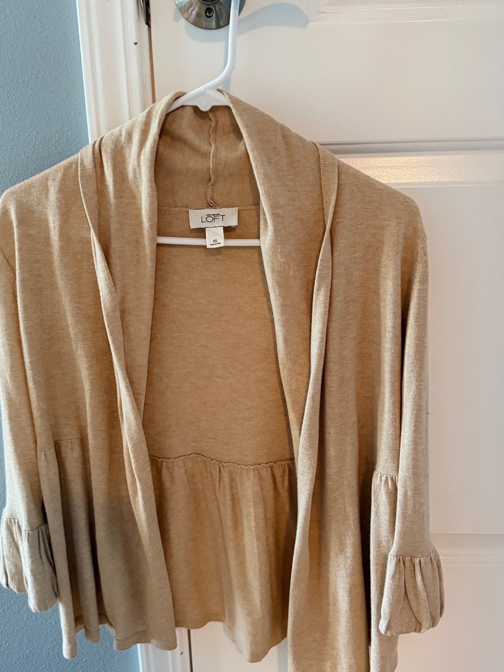 LOFT Beige Open-Front Ruffle-Hem Cardigan